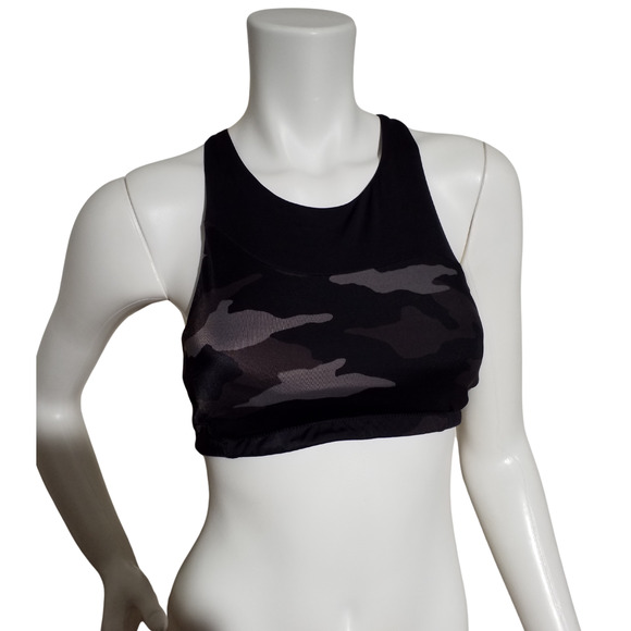 Athleta Black Camo High Neck Sports Bra Green Straps Size Small - Picture 1 of 3